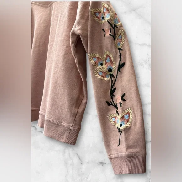 Rebecca Minkoff Off Shoulder Embroidered Sweatshirt Pink Boho Size S - Picture 3 of 12